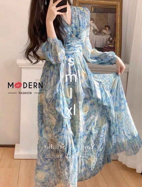 Summer chiffon Ruffle Detail Lantern Sleeves Long Maxi Dress